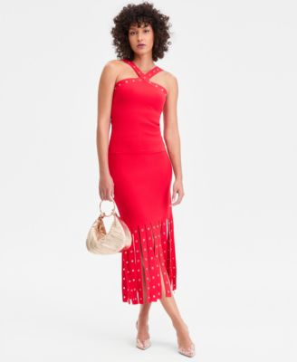 Women's Grommet Trim Sweater Tank & Midi Skirt