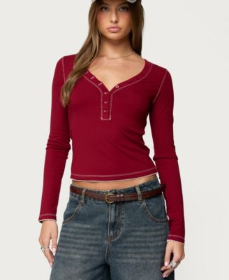 Women's Yael Contrast Stitch Henley Top