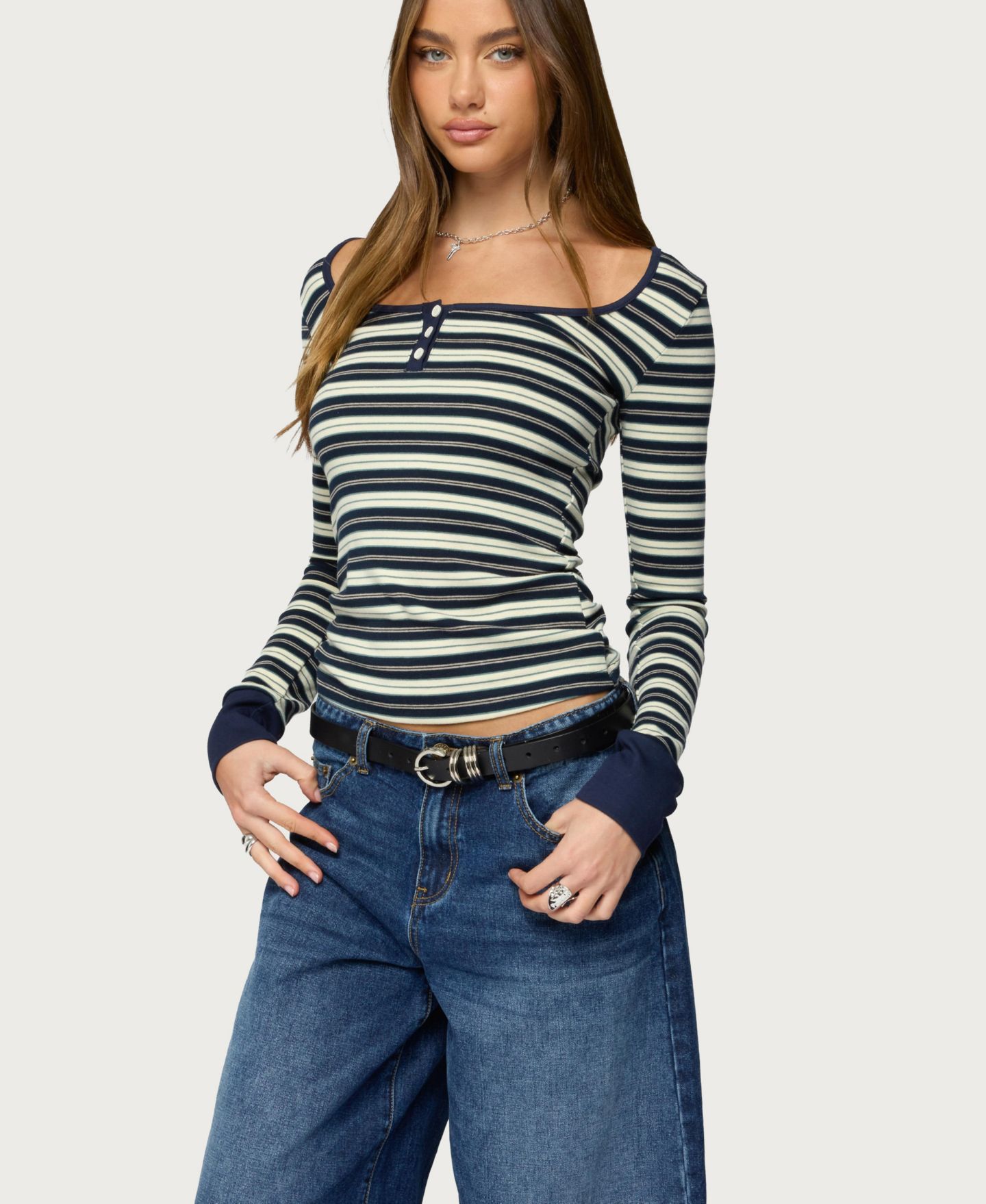 Женский топ Edikted Jaida Striped Henley, цвет: Синий — фото 4