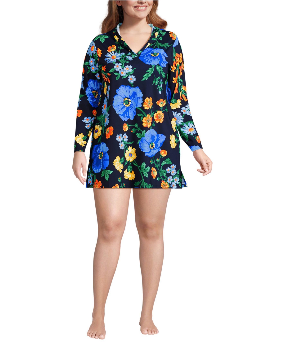 Lands' End Plus SunShade Upf 50 Hooded Mini Swim Cover-Up Dress