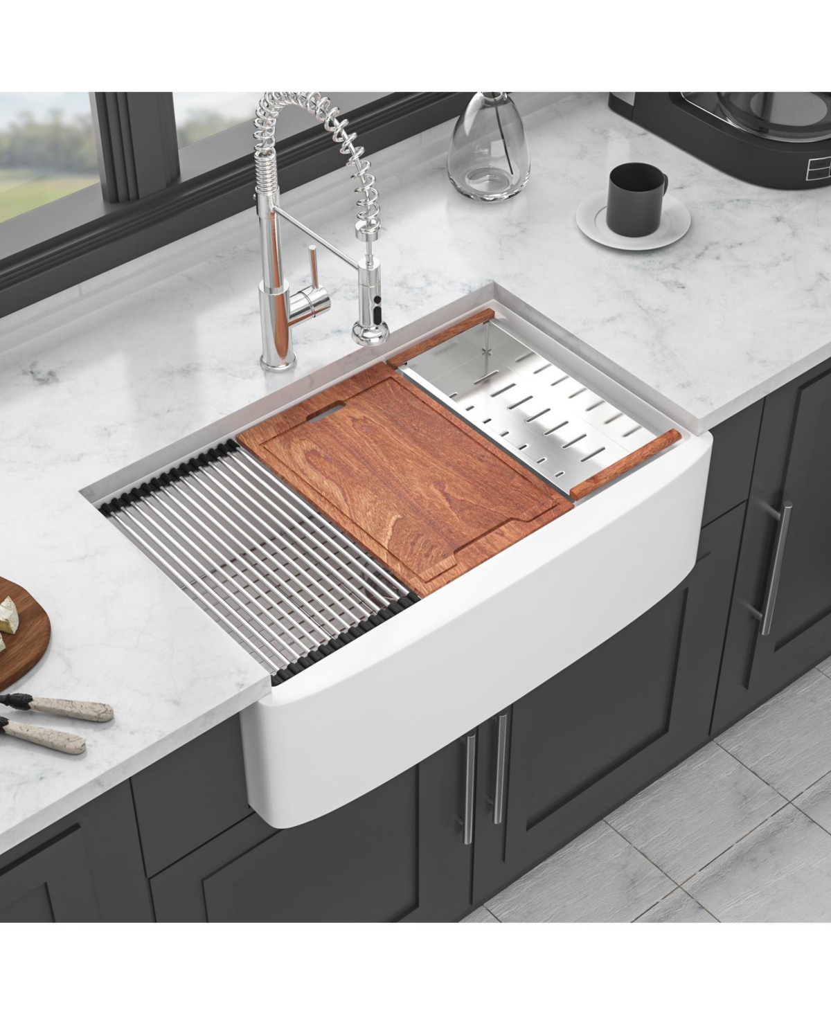 flynama 33x21x10inch White Farmhouse Sink Ceramic Porcelain Workstation Single Bowl Kitchen