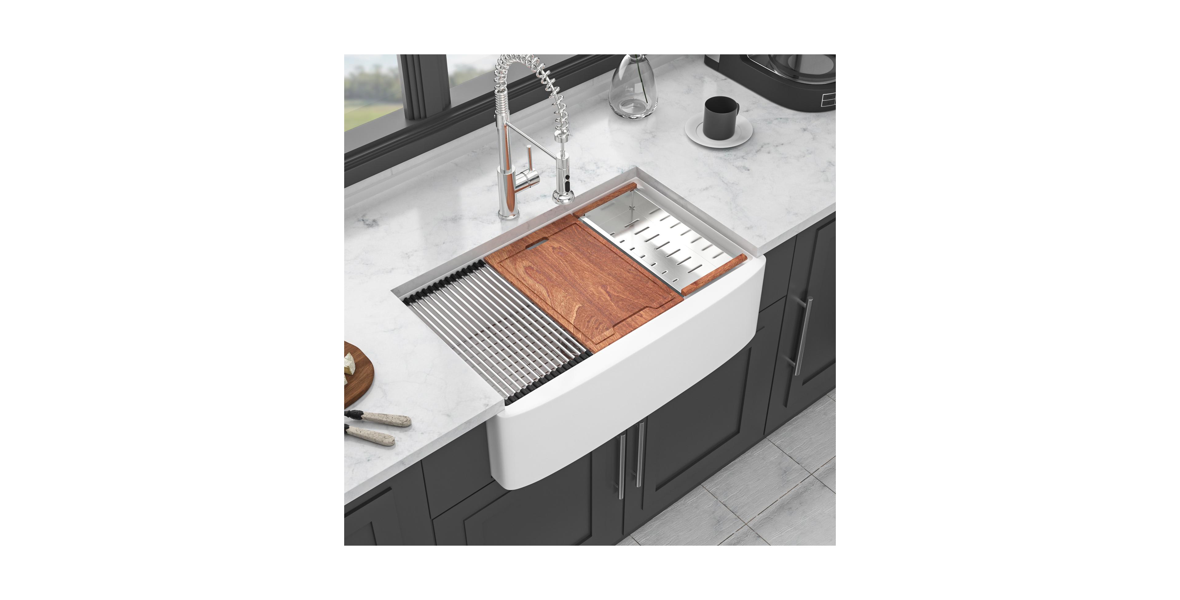 flynama 33x21x10inch White Farmhouse Sink Ceramic Porcelain Workstation Single Bowl Kitchen