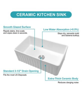 33x18x10inch White Porcelain Ceramic Single Bowl Reversible Design Kitchen Sink with Stainless Steel Accessories