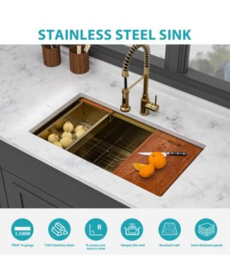 30x19x10inch Undermount Gold Kitchen Sink Workstation Stainless Steel 16 Gauge Deep Bowl