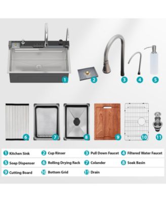 30x19x9inch Multifunction Single Bowl 16 Gauge T304 Stainless Steel Ledge Workstation Smart Top Mount Waterfall Kitchen Sink