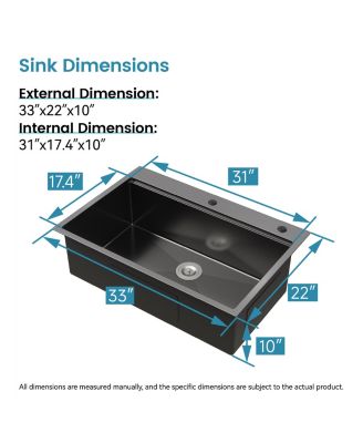 33inch Overmount Single Bowl Black 304 Stainless Steel Handmade Kitchen Sink with Cutting Board and Colander