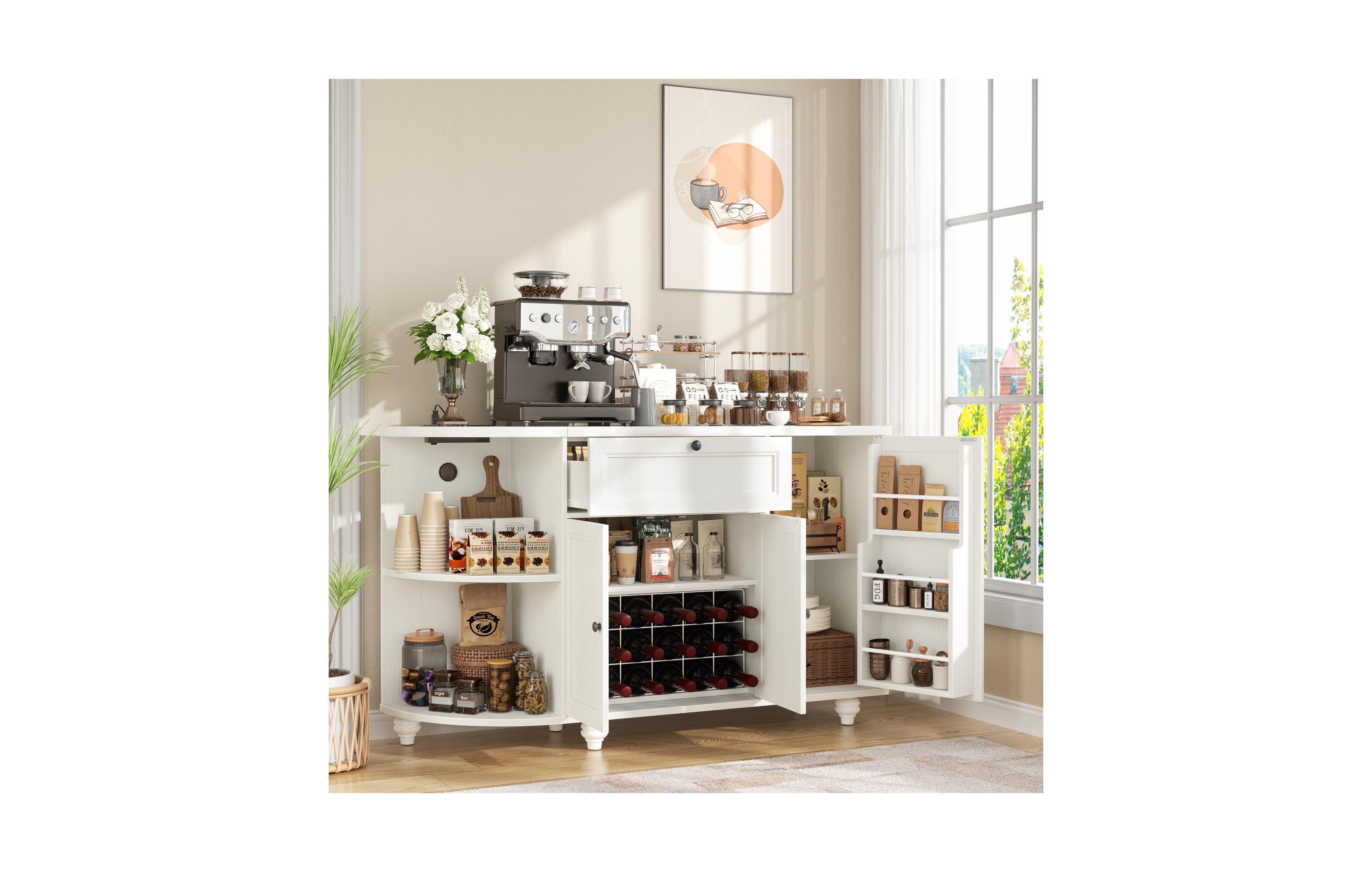 Aheaplus Kitchen Sideboard Buffet Cabinet with Drawer & Cabinets, 55'' Coffee Bar Power Outlets Wine Rack