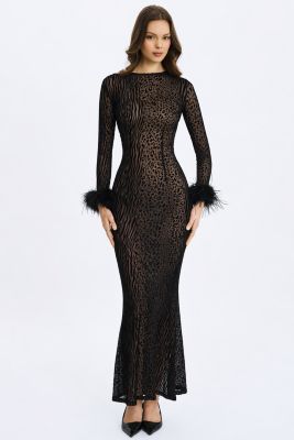 Women's Patricia Black Leopard Burnout Velvet Mesh Backless Maxi Dress