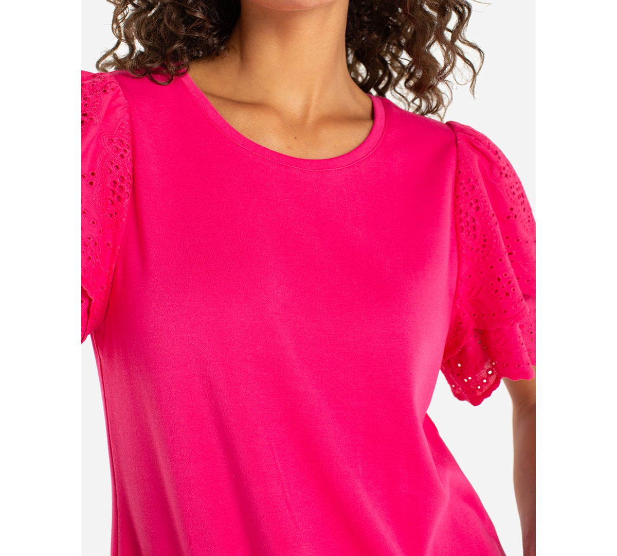 Liverpool Los Angeles Petite Crewneck Knit-To-Woven Top