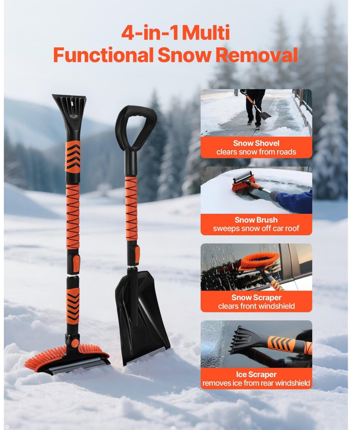 Mecale Snow Brush & Ice Scraper, 42" Extendable, 180° Pivoting Brush Head, Non-Slip Grip, For Cars/SUVs