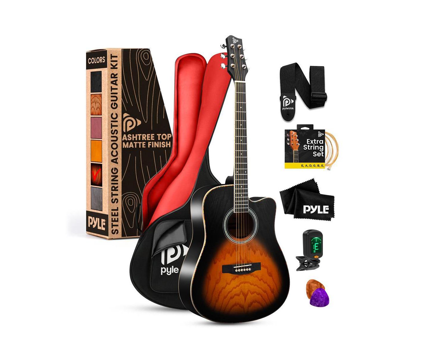 Детские игрушки Pyle 41 Steel Strings Acoustic Guitar Sunburst Teardrop Full-Size Beginner 7-Piece Music Kit, Ages 14 & Up, цвет: Чёрный — фото 1