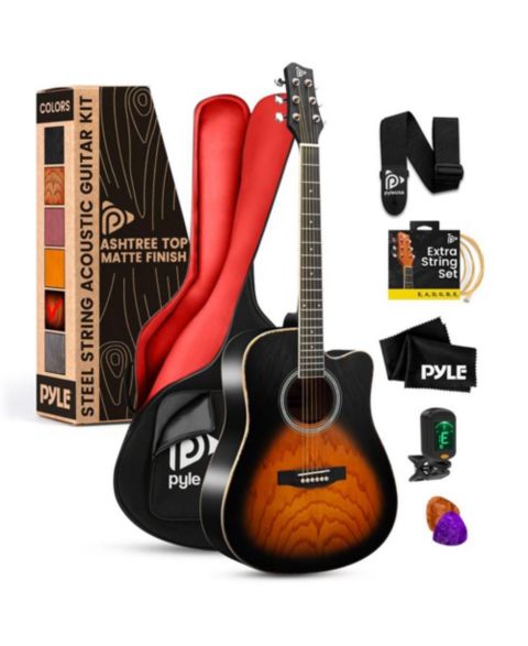 Детские игрушки Pyle 41 Steel Strings Acoustic Guitar Sunburst Teardrop Full-Size Beginner 7-Piece Music Kit, Ages 14 & Up, цвет: Чёрный