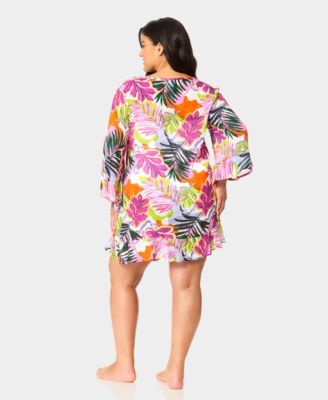 Plus Size V-Neck Bell Sleeve Printed Swim Tunic Cover Up