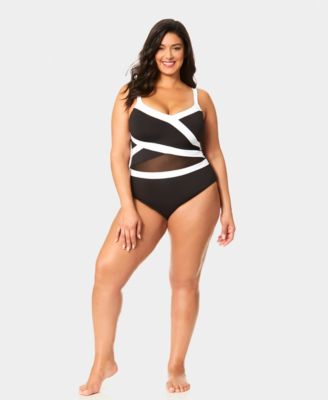Plus Size V-Neck Color Block Mesh Insert Swimsuit