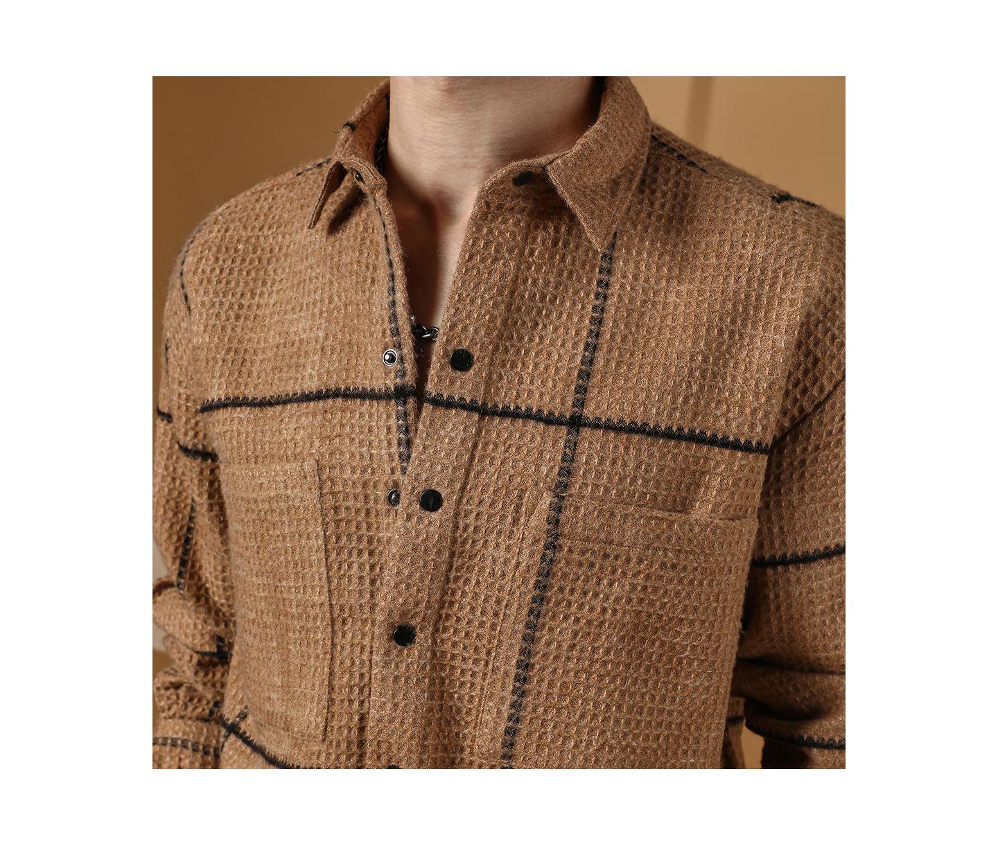 Мужская рубашка Cahoot Campus Sutra Ash Brown Graph-Check Waffle Overshirt, цвет: Коричневый — фото 6