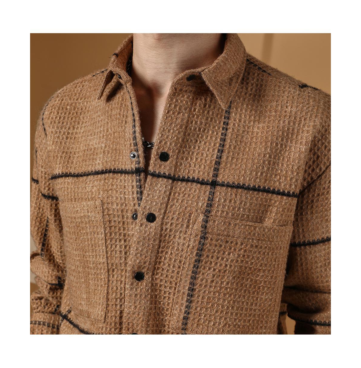 Campus Sutra Men's Ash Brown Graph-Check Waffle Overshirt