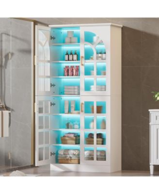 8-Tier Bookshelf with Doors and LED Lights, 68.9" Tall Bookcase with Adjustable Shelves, Modern Wooden Display Cabinet, White