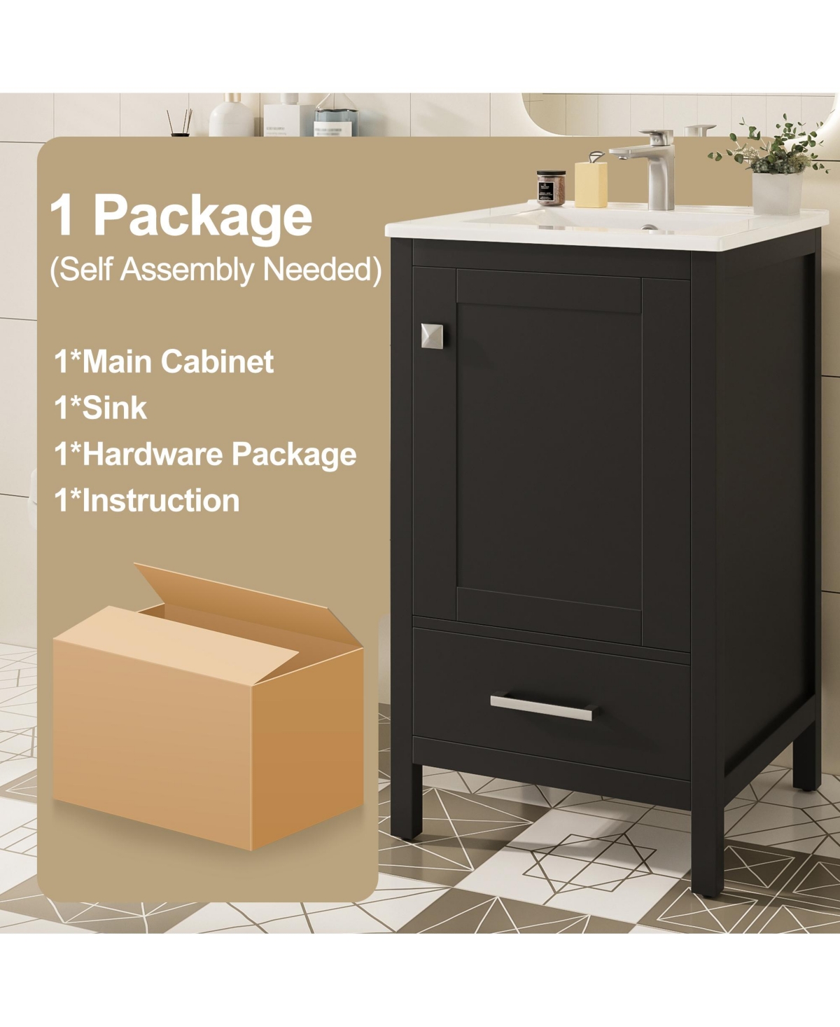 Cesicia 20 in. Modern Bathroom Vanity with Ceramic Sink, Soft-Close Drawer & Door, Double-Layer Door Organizer, Divider Drawer, Adjustable Foot Pads