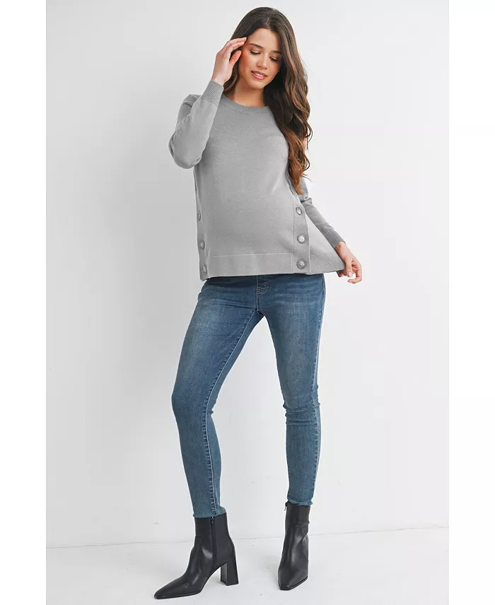 Maternity Crew Neck Side Button Knit Nursing Friendly Sweater - thumbnail 7