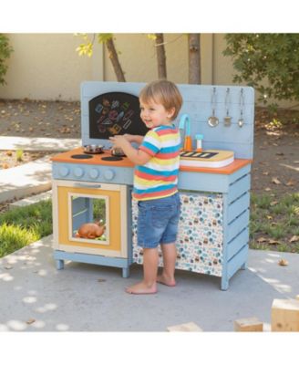 Wooden Kids Play Kitchen With Circulation Faucet Chalkboard Storage Shelves And Accessories