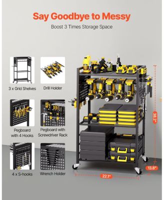 4-Tier Tool Organizer Cart, 150-Lb Capacity, Rolling Drill Holder & Storage Rack, Floor Stand, Black