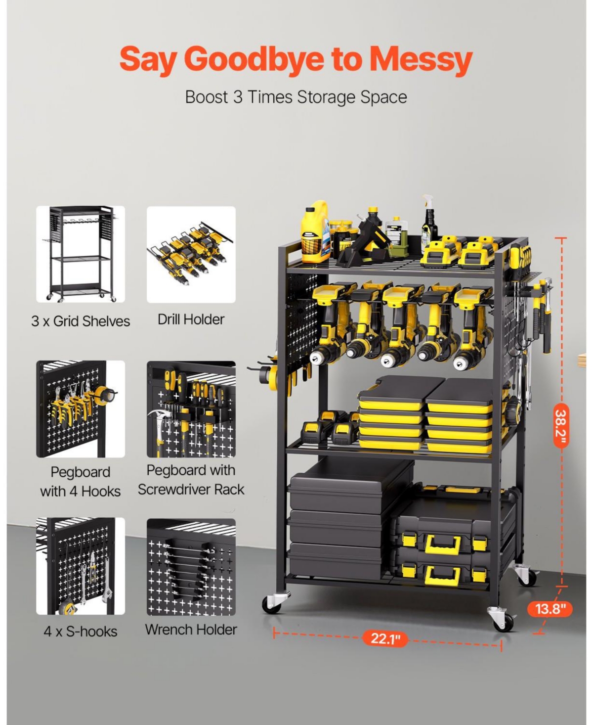 Mecale 4-Tier Tool Organizer Cart, 150-Lb Capacity, Rolling Drill Holder & Storage Rack, Floor Stand, Black