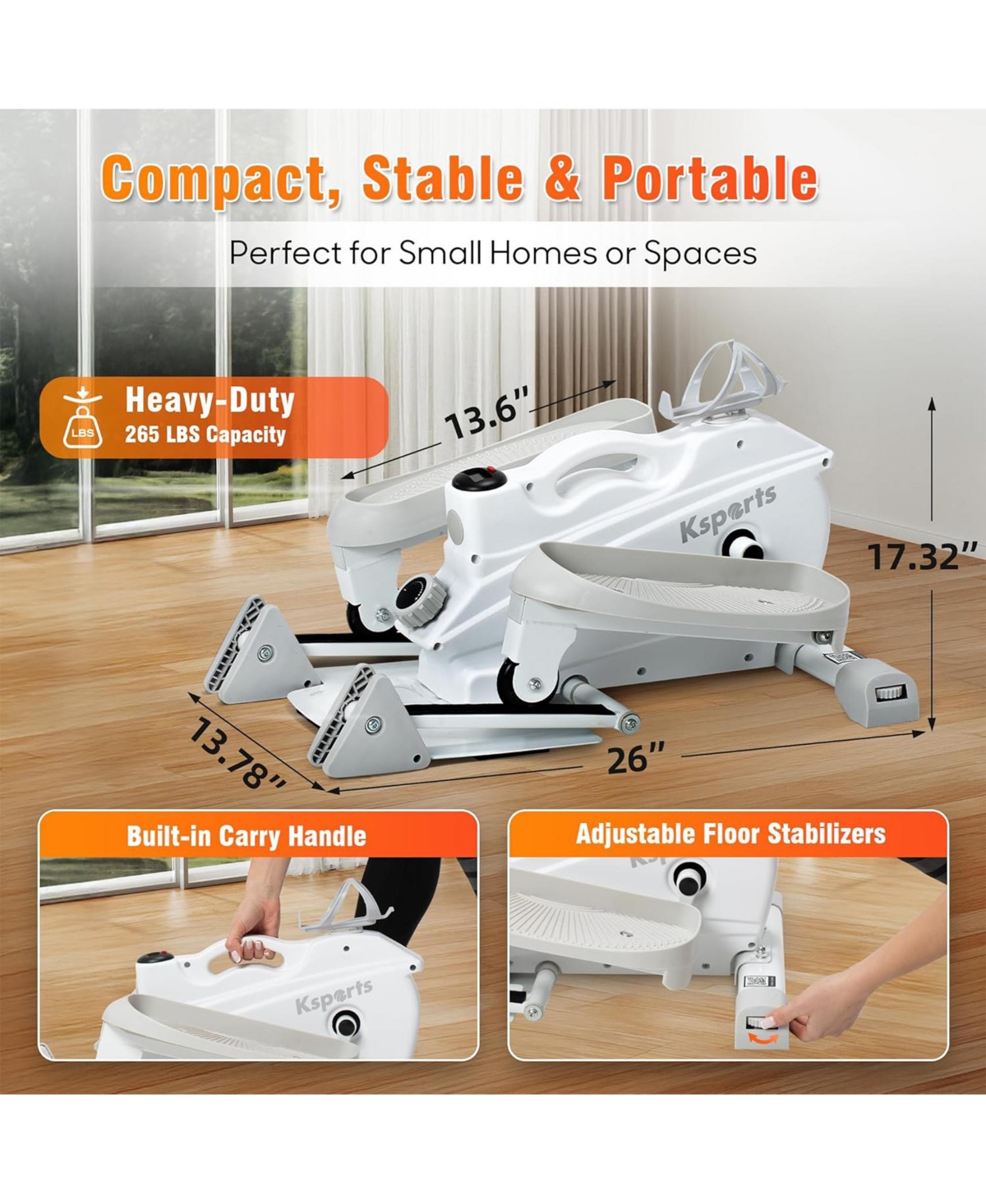 Ksports Mini Elliptical Machine with 3-Level Incline and Led Display, White