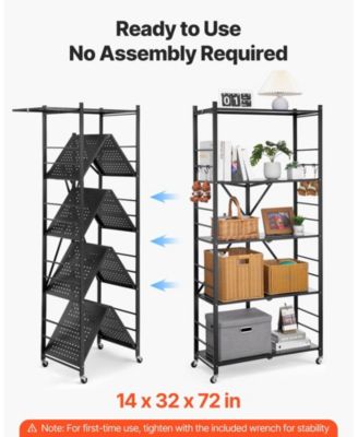 5-Tier Foldable Storage Shelf, 32"W x 14"D x 72"H, No-Assembly Metal Rack w/ Wheels & Hooks
