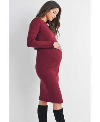 Maternity Long Sleeve Round Neck Ribbed Nursing Friendly Dress