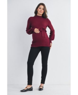 Maternity Mock Neck Long Sleeve Belted Sweater