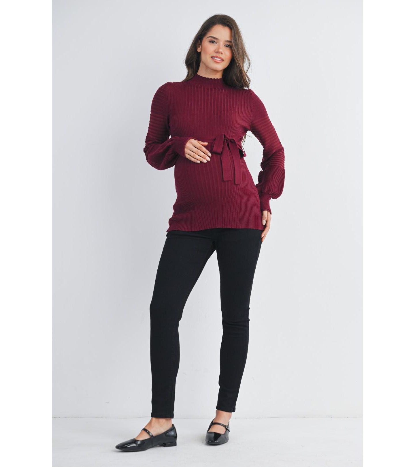Женский свитер Hello Miz Maternity Mock Neck Long Sleeve Belted, цвет: Бордовый — фото 4