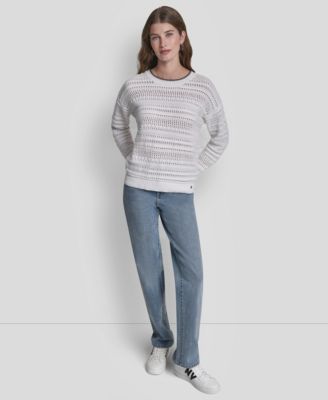 Women's Crew Neck Long-Sleeve Tipped Pointelle Sweater