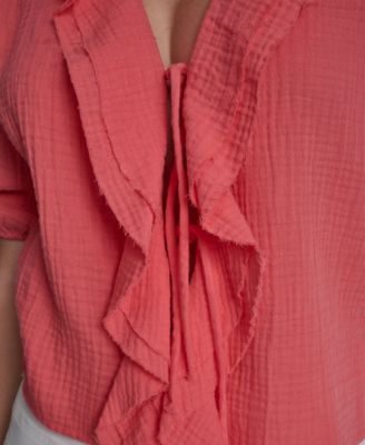 Women's V-Neck Short Puff Sleeve Tie-Front Shirt