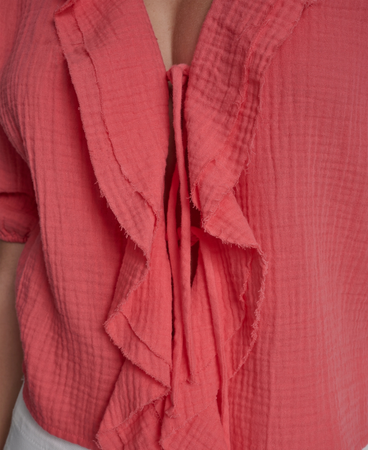 Dkny Jeans Women's V-Neck Short Puff Sleeve Tie-Front Shirt