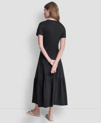Women's Ruched Bodice Crew Neck Tier Long Dress