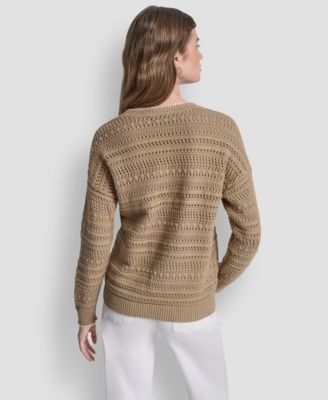 Women's Crew Neck Long-Sleeve Tipped Pointelle Sweater