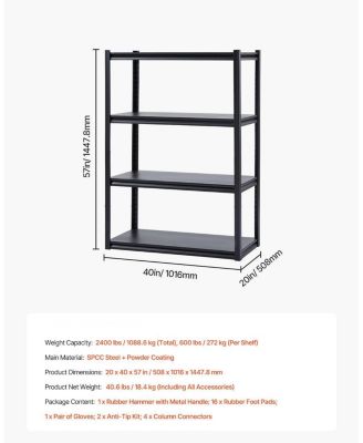4-Tier Garage Storage Shelves, 2400-Lb Capacity, 20"D x 40"W x 57"H, Adjustable Utility Rack, Black