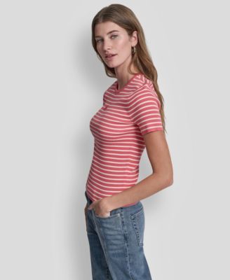 Petite Crew Neck Striped Rib Top