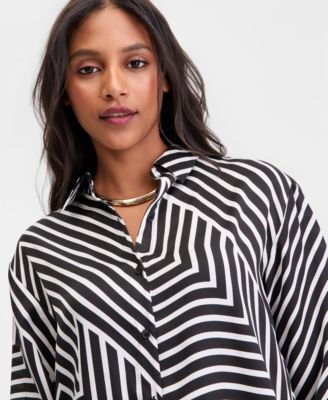 Women's Long-Sleeve Printed Button-Front Collared Shirt