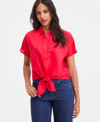 Women's Linen-Blend Tie-Front Blouse
