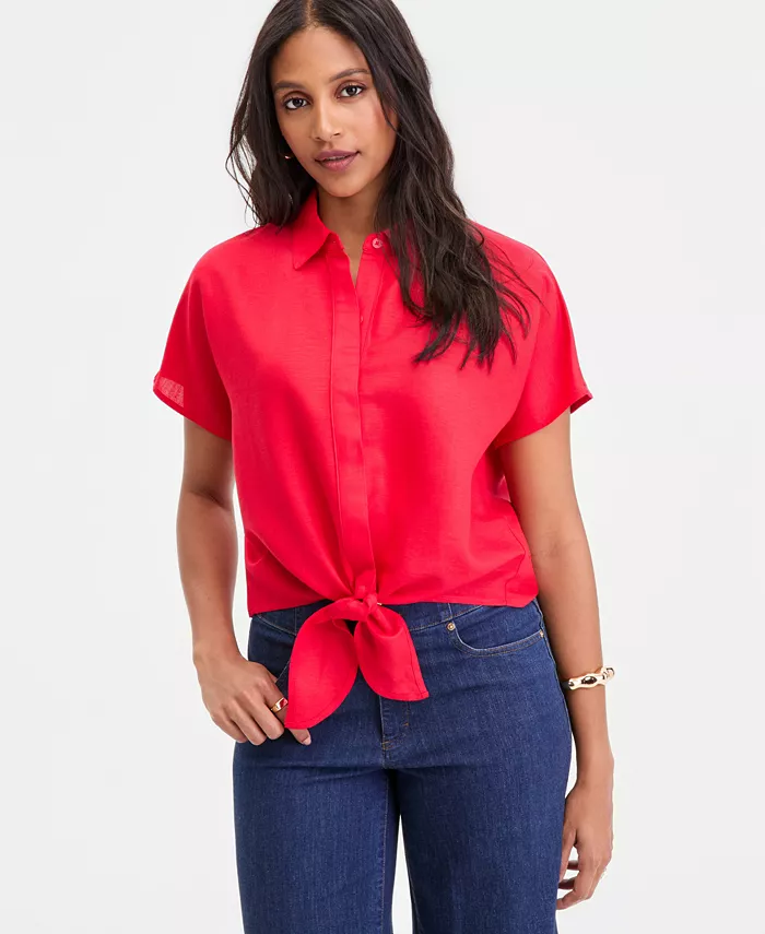Women's Linen-Blend Tie-Front Blouse - thumbnail 5