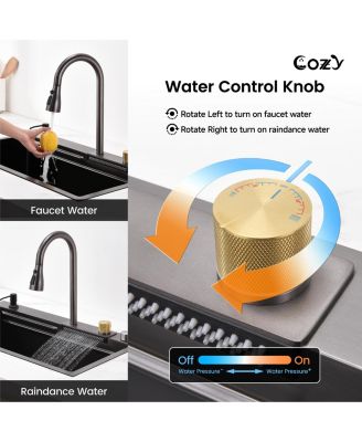 30x22inch Black Waterfall Kitchen Sink Stainless Steel Single Bowl Workstation SSBL12 with Flying rain Faucet Cutting Board