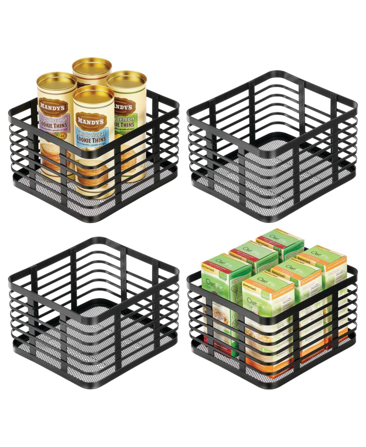 mDesign Metal Pantry Basket with Handles - Set of 4 - Matte Black