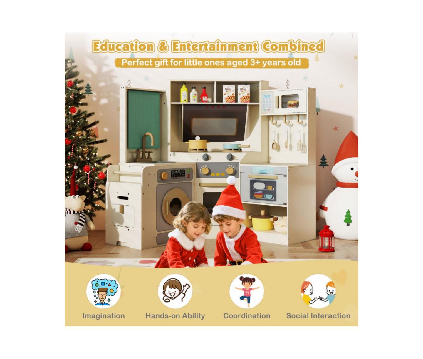 Детская игрушка HONGGE Interactive Wooden Corner Play Kitchen, Ages 3+, цвет: Бежевый / Хаки — фото 11