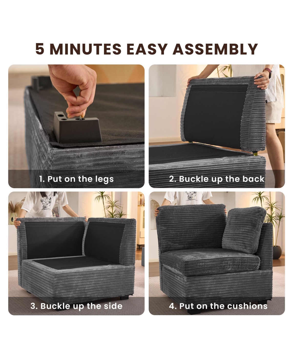 Xizzi Modular Sectional Sofa Couch, 8-Piece L-Shaped Deep Seat Cloud Couch with Chaise Ottoman, Comfy Corduroy Couches for Living Room