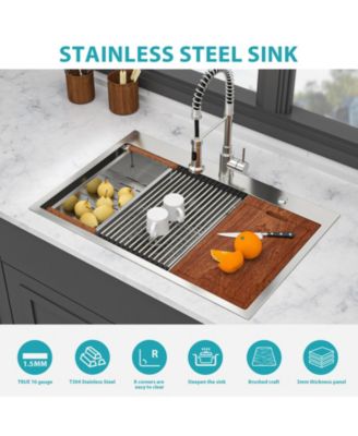 33x22x10inch 16 Gauge T304 Stainless Steel Topmount Drop In 6040 Double Bowl Brushed Nickel Kitchen Sink with Workstation Track