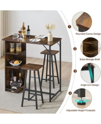 Bar Table and 2 Chairs Set, 3 Piece Dining Table Set with 3 Tier Storage Shelves, Wood Counter Height Bar Table and Stools Set