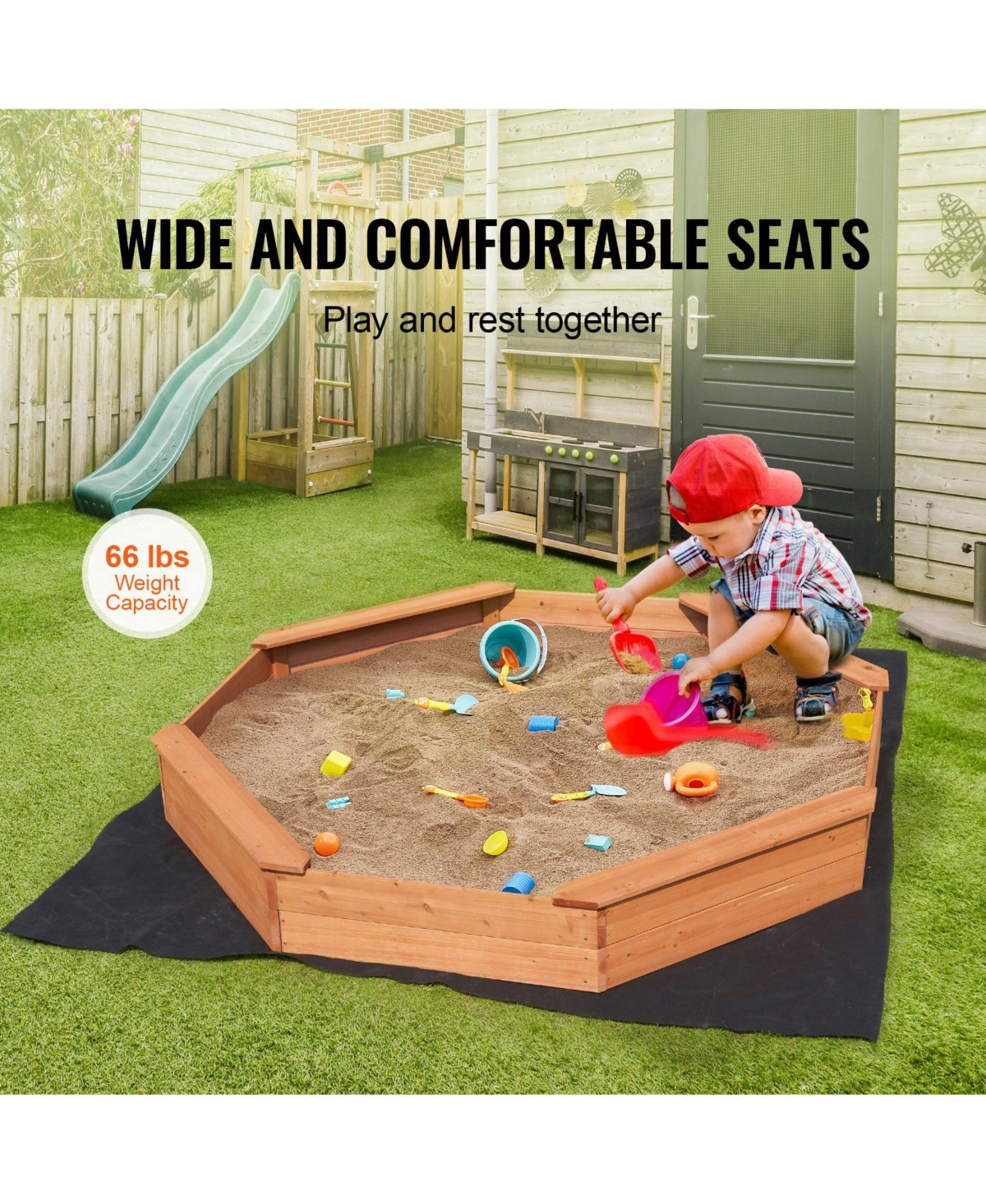 Slickblue Kids Wooden Sand Pit with Cover, 4 Seating and Liner
