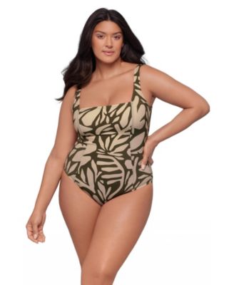 Women's Smoothing and Sculpting Square-Neck Lace-Up Back One-Piece Swimsuit
