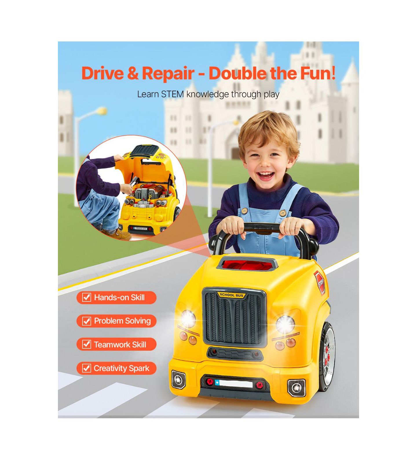 Детский игровой набор Slickblue Mechanic Car Repair 60-Piece Playset with Lights, Sounds, Steering Wheel and Horn, от 3 лет, цвет: Жёлтый — фото 9